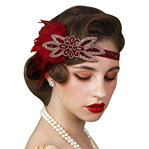 SWEETV 1920s Flapper Feather Headband, 20s Sequined Showgirl Headpiece, Gatsby Hair Accessories for Women (Burgundy)