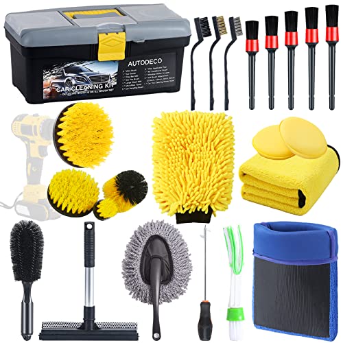 AUTODECO 23Pcs Car Wash Cleaning Tools Kit Car Drill Brush Set - with Car Detailing Brush Wash Mitt Clay Mitt Towels Tire Brush Window Scraper, Car Wash Tool Kit for Exterior and Interior Cleaning