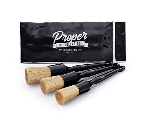 PROPER DETAILING CO. Car Detailing Brush Set, 3 Pack Natural Boars Hair Detailing Brushes, Clean Interior or Exterior, Wheels, Tires, Engine Bay, Leather Seats, Car Detailing Kit, Detailing Brush