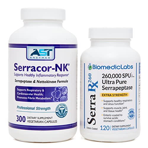 Serracor-NK & Serra-RX 260,000 SU - Scar Tissue Bundle (300 Capsules & 120 Capsules) - Enteric Coated Serrapeptase Proteolytic Systemic Enzyme, Respiratory & Lung Support