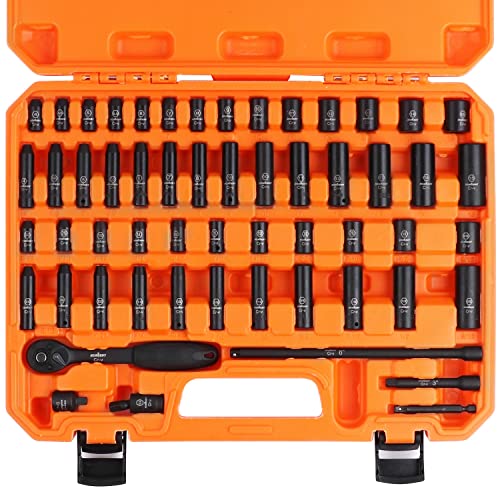 HORUSDY 1/4" Drive Impact Socket Set, 56-Piece Standard SAE (5/32 to 9/16 inch) and Metric (4-15mm) Size, 6 Point, Cr-V, 1/4-Inch Drive Ratchet Handle, Drive Extension Bar, Impact Universal Joint