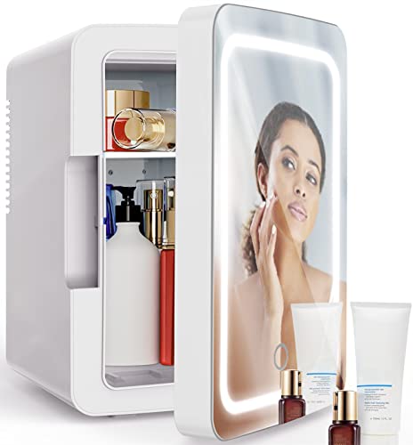 PERSONAL CHILLER 6L Cooler and Warmer Mini Fridge with LED Lighted Mirror, Mother Day Gifts, Portable Mini Fridge for Skincare, Makeup, Beauty Products  Bedroom Vanity with Lighted Glass