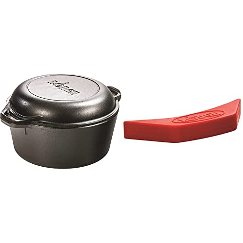 Lodge Cast Iron Serving Pot Cast Iron Double Dutch Oven, 5-Quart & ASAHH41 Silicone Assist Handle Holder, Red