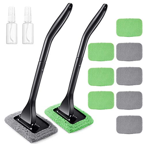 2 Pack Windshield Cleaning Tool Windshield Cleaning Wand Auto Window Cleaner with Detachable Handle, 8 Pieces Reusable Cloth Pads and 2 Pieces Spray Bottles for Car Interior (Gray, Green)