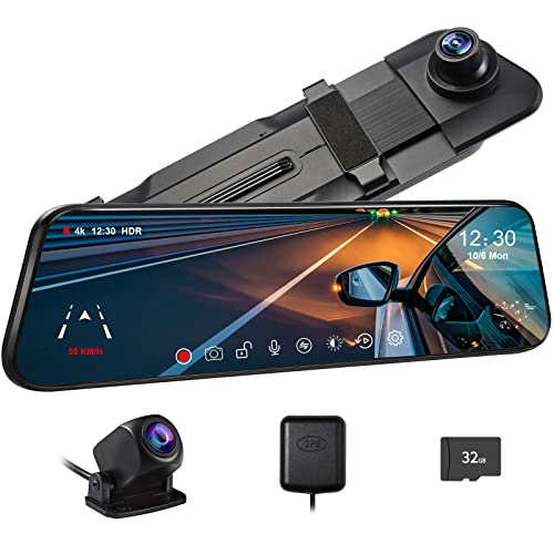 Pelsee P10 Pro 10" 4K Mirror Dash Cam, Rear View Mirror Camera Smart Driving Assistant w/ADAS and BSD, Night Vision Dash Cameras Front and Rear, Voice Control,Parking Monitoring,Free 32GB Memory Card