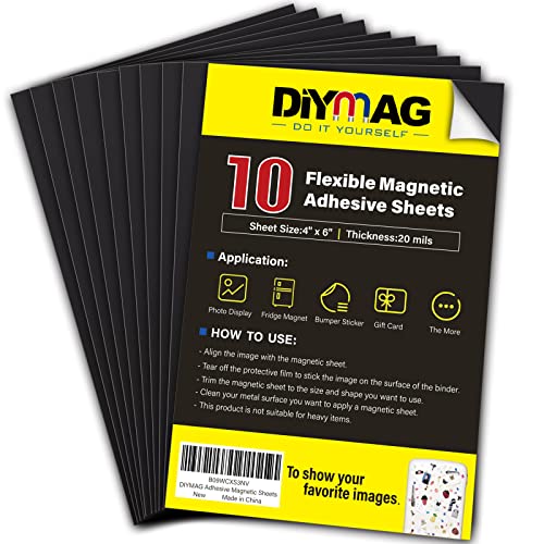 DIYMAG Magnetic Adhesive Sheets,|4" x 6"|,10 Pack Cuttable Magnetic Sheets,Flexible magnet sheets with adhesive for Crafts,Photos,Easy Peel and Stick