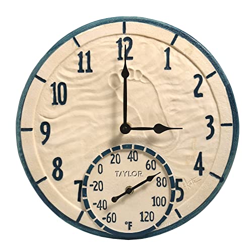 Taylor By The Sea Poly Resin Indoor and Outdoor Clock and Thermometer, 14 Inch, Multi-Color