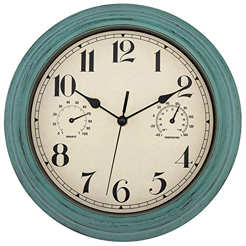 Foxtop Indoor Outdoor Waterproof Wall Clock with Thermometer and Hygrometer Combo, 12 inch Retro Silent Non-Ticking Battery Operated Quality Quartz Round Clock for Patio Home Living Room Decor (Green)