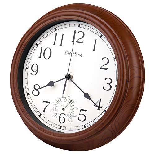 12 Inch Outdoor Clock Waterproof with Thermometer Combo Retro/Vintage Indoor Outdoor Wall Clocks for Patio Pool Garden Home Decor,Brown