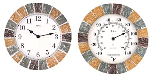 Lily's Home Indoor or Outdoor Large Hanging Wall Clock and Thermometer Set. Made of Durable Polyresin Plastic. 10" Inch Diameter. (Stone)