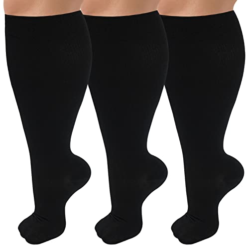 3 Pack Wide Calf Compression Socks for Women & Men, 20-30 mmhg Plus Size Knee High Stockings for Circulation Support, Black 3XL