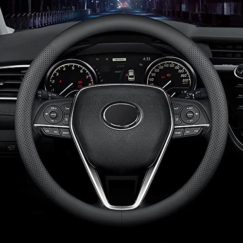 LKWLIKEI Nappa Premium Leather car Steering Wheel Cover, Non-Slip, Breathable, Universal 15 inches, Black