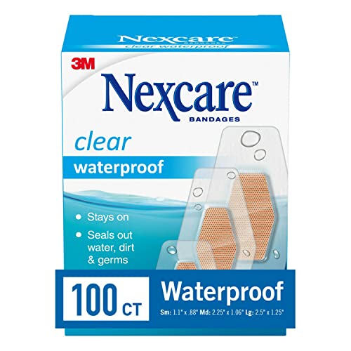 Nexcare Waterproof Clear Bandages, Covers and Protects, 360-degree seal around the pad offers exceptional protection against water, dirt, and germs, Assorted Sizes, 100 Count