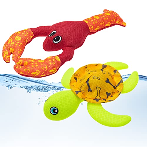 PUPTECK Dog Pool Floating Toys - 2 Pack Squeaky Water Toys for Summer Interactive Games, Beach Fetch Toy Turtle & Lobster