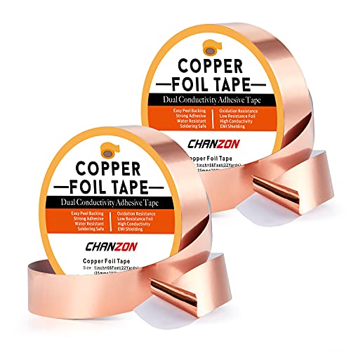 Chanzon 2 Pack Copper Foil Tape 25mm 1 inch W x 66ft Double Sided Conductive Adhesive for EMI & RF Shielding,Electric,Slug & Snail Deterrent,Guitars,Soldering,Repair,Crafts,Paper Circuits