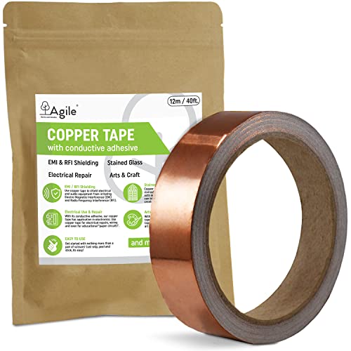 Agile Home and Garden Copper Tape - 40ft Copper Foil Tape Conductive Adhesive - 0.8" Wide Electrical Conductive Tape - Outdoor and Indoor Copper Tape - EMI Foil