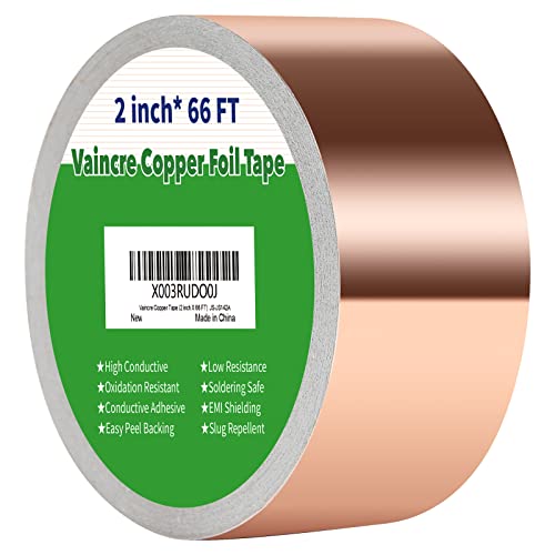 Vaincre Copper Tape Conductive Adhesive(2 inch X 66 FT), Copper Foil Tape for Stained Glass, Conductive Tape Copper Shielding Tape for Guitars, Crafts, Grounding, Electrical Repairs, EMI Shielding