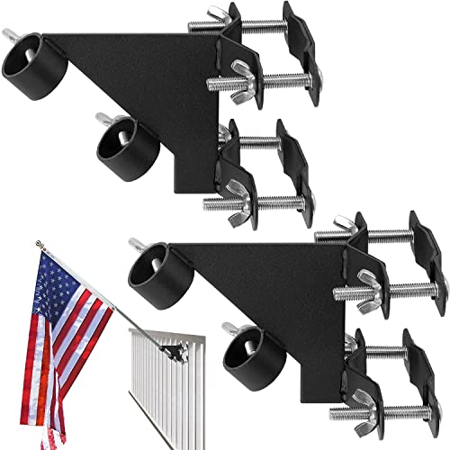 Vinazone Flag Pole Holder (Set of 2) Flag Pole Bracket for Balcony Railing, Fence, or Deck Railing, Flagpole Holder for Your Apartment Porch Strong and Rust Free Fit 1" Diameter (Black- 2 Pack)