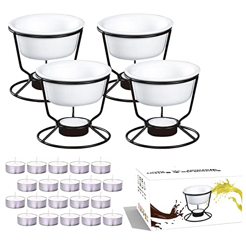 Luvan 4Pcs Fondue Pot Set for Chocolate Butter Cheese, 5oz Butter Warmer for Seafood with 20 Tealight, Ceramic Bowl Oven Microware Dishwasher Safe,Perfect for family dip Fruit,Dessert,Snack