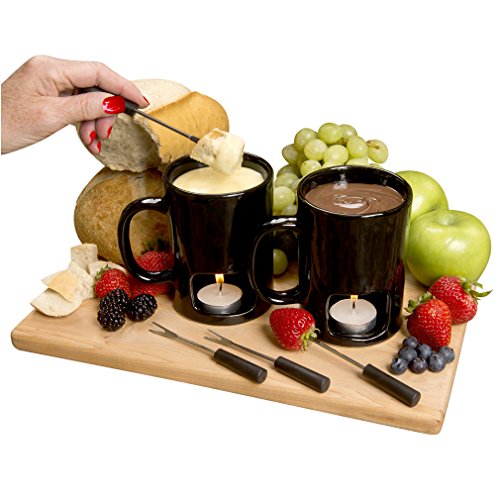 Evelots Mini Fondue Pot Set/Personal Fondue Mugs-Chocolate/Cheese/14-Piece Fondue Maker Gift Set/2 Ceramic Mugs/Forks/Candles