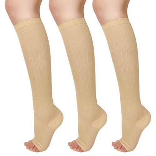 3 Pairs Open Toe Compression Socks Women Knee High Toeless 15-25 mmHg