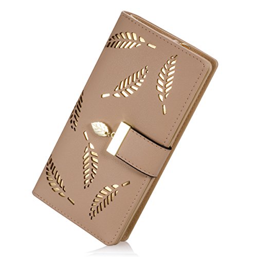 Sweet Cute Chocolate Women's Long Leaf Bifold Wallet Leather Card Holder Purse Zipper Buckle Elegant Clutch Wallet Handbag for Women - Khaki