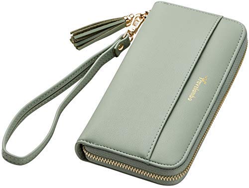 Travelambo Womens Wallet Tassel Bifold Ladies Cluth Wristlet Wrist strap Long Purse (Access Green Blooming)