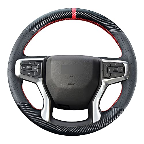 Kivnto DIY Stitching Carbon Fiber Steering Wheel Cover for Chevrolet Chevy Blazer 2019-2022 / Silverado 1500 2019-2021 2500HD 3500HD 2020-2021 / Suburban Tahoe 2021 Black Leather Interior Accessories