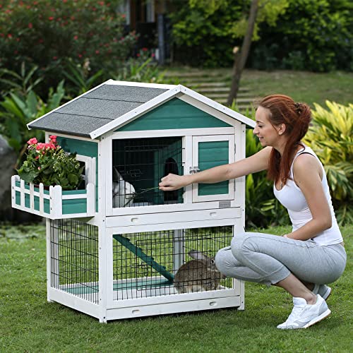 Petsfit 2 Story Rabbit Hutch with Trays Outdoor Weatherproof, Bunny Cage with Openable Roof