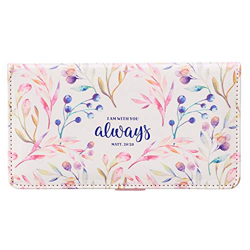 Checkbook Cover for Women & Men I Am With You Always Christian White Floral Wallet, Faux Leather Checkbook Cover for Duplicate Checks & Credit Cards  Mathew 28:20