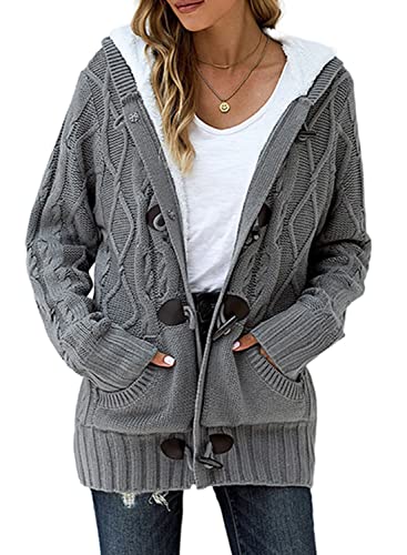 Dokotoo Womens Fashion Ladies Cozy Winter Hoodies Casual Cardigans Sweaters Button Open Front Long Sleeve Cable Knit Sweaters Fleece Pullovers Coats Outerwear with Pockets Grey Large