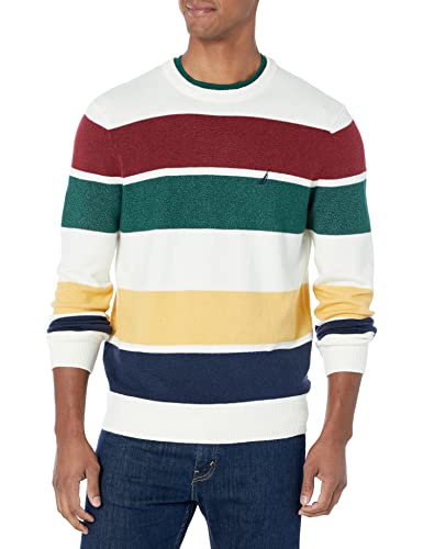 Nautica Men's Sustainably Crafted Striped Crewneck Sweatshirt, Sail Cream, L