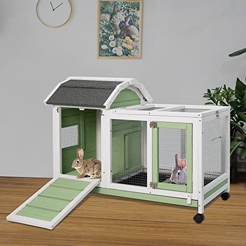 Ketive Rabbit Hutch Indoor Bunny Cage with Run Wooden Outdoor Bunny Hutches Weatherproof Rabbit Cages with DEEP Pull-Out Tray, 4 Lockable Caster Wheels