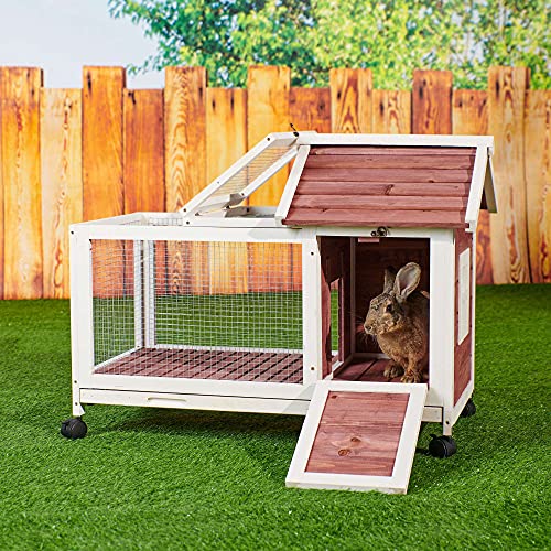 Rabbit Hutch Rabbit Cag Wooden Bunny Cage Bunny Hutch with Deeper Leakproof Tray Indoor Outdoor Pet House for Pig Chick Hamster - 4 Wheels Included Auburn