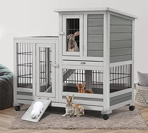 AECOJOY Indoor Rabbit Hutch with 2 Deeper No Leak Trays & 4 Casters, 37 Inch Rabbit Cage Pet House for Small Animals Outdoor Bunny Hutch with Run, Grey