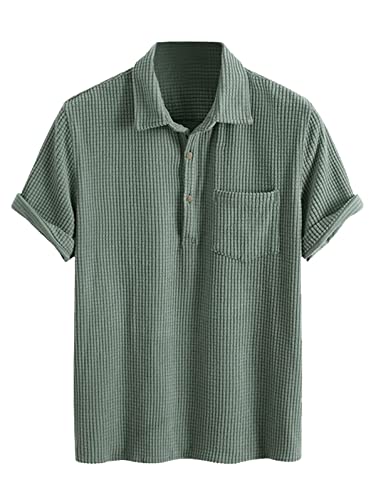 ZAFUL Men Button Down Shirt Solid Color Texture Button Up Corduroy Shirt Deep Green XL