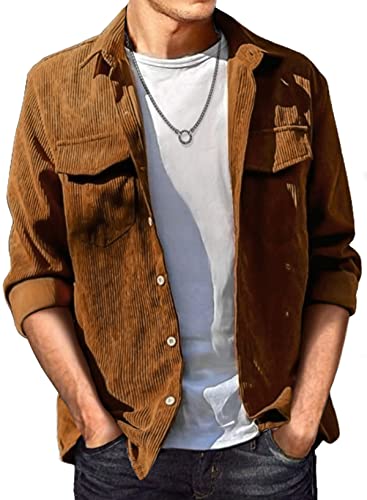 JMIERR Men's Corduroy Button-Up Shirts Casual Long Sleeve Fall Shacket Jacket with Flap Pocket for Men,US 46(XL),A1 Brown