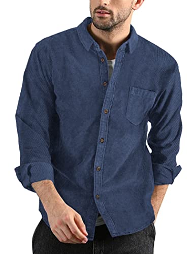 COOFANDY Men's Corduroy Shirt Casual Long Sleeve Button Down Lightweight Shacket Navy Blue