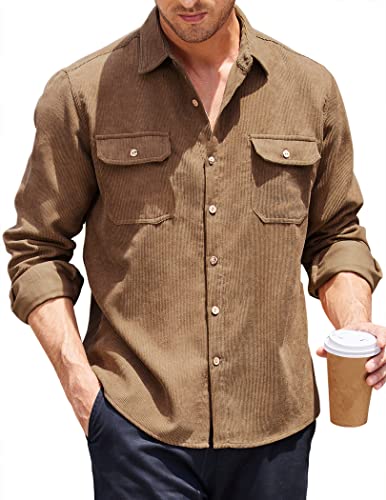 COOFANDY Men's Casual Shirt Slim Fit Button Up Corduroy Shirt Jacket with Pocket Dark Khaki