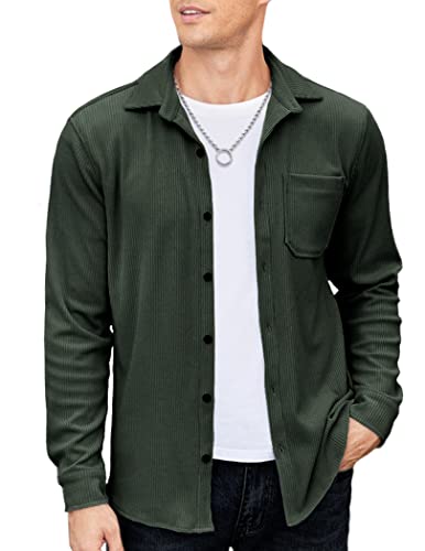 COOFANDY Men's Corduroy Shirt Regular Fit Fashion Shacket Western Dress Fall Ribbed Shirts Army Green