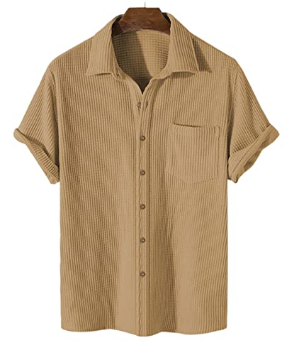PAODIKUAI Men's Retro Short Sleeve Corduroy Shirt Casual Button Down Shirts (A-Khaki-L)