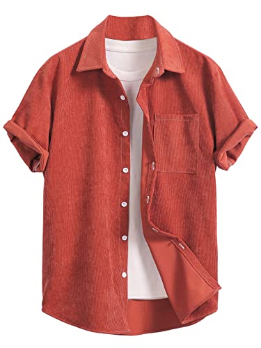 WDIRARA Men's Striped Colorblock Cat Print Button Down Shirt Short Sleeve Collar Top Corduroy Orange S