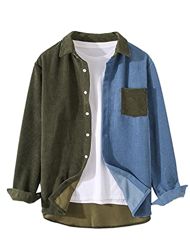 UANEO Mens Corduroy Patchwork Long Sleeve Casual Button Down Shirt Shacket (ArmyGreen-L)