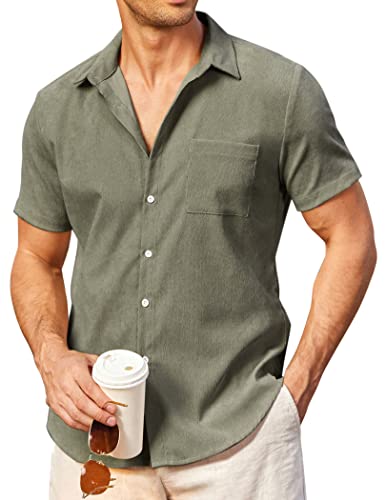 COOFANDY Mens Short Sleeve Shirts Casual Corduroy Button Up Shirt Summer Beach Wear Army Green