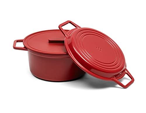 Misen Enameled Cast Iron Dutch Oven - 7 QT Dutch Oven Pot with Grill Pan Lid - Cast Iron Pot with Handles, Red