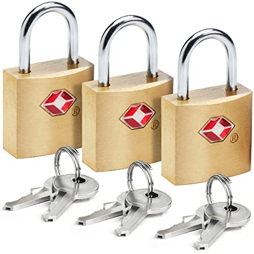 Lewis N. Clark Mini Brass Square TSA Lock + Padlock for Luggage, Suitcase, Carry On, Backpack, Laptop Bag or Purse - Perfect for Airport, Hotel, & Gym, 2 Keys Included - 3 Pack
