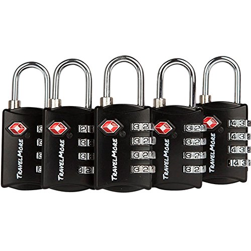 5 Pack TSA Luggage Locks with 4 Digit Combination  Heavy Duty Set Your Own Padlocks for Travel, Baggage, Suitcases & Backpacks - Black