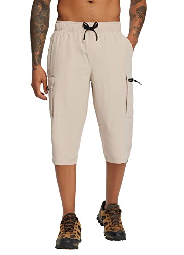 BALEAF Men's Long Shorts Below Knee 15" Capri Pants Hiking Cargo Pockets Quick Dry Lightweight Elastic Waistband Gym Khaki L