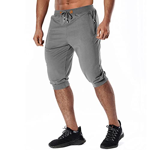 CHEXPEL Mens 3/4-Jogger-Capri-Pants Long Below Knee-Shorts with Elastic Waist Gym Cropped Pants,Pockets Dark Gray 34
