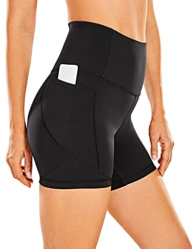 CRZ YOGA Women's Naked Feeling Biker Shorts - 5 Inches High Waisted Gym Running Compression Spandex Shorts Side Pockets Black Medium